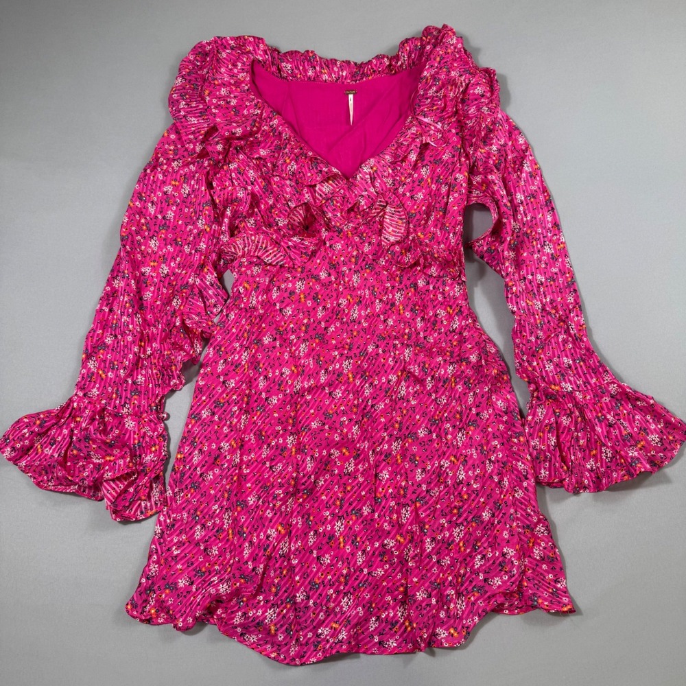 Free People Mini Dress Womens Size 6 Pink Floral Ruffle Flounce Sleeve OB1240766